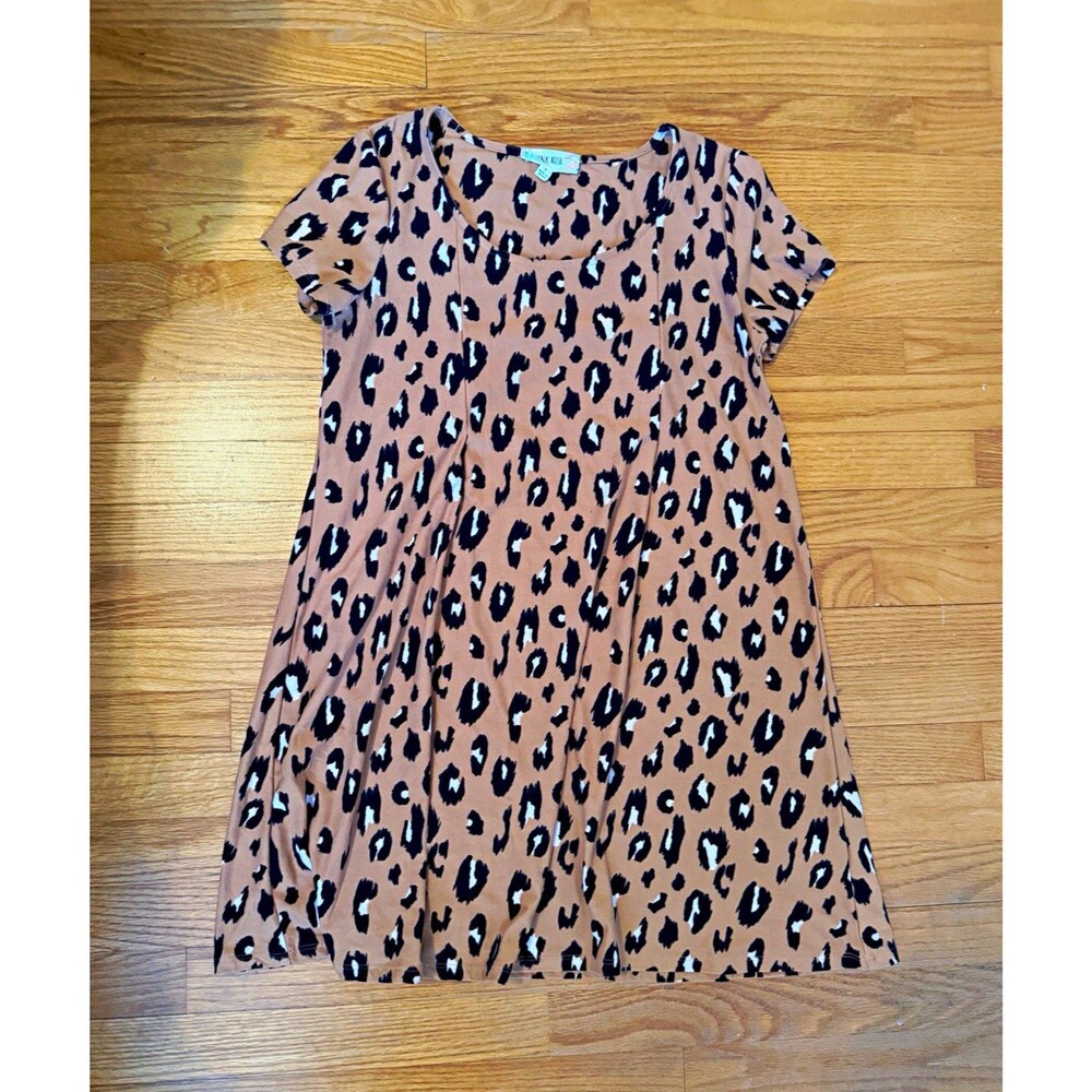 Pink Rose Brown Leopard Animal Print Shift Dress L Short Sleeve Scoop Neck
